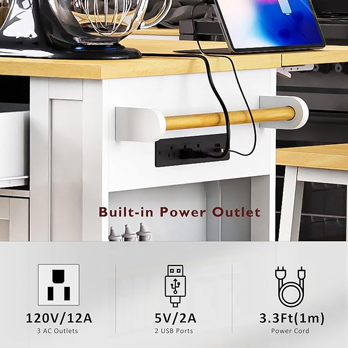 Rolling Kitchen Island with 2 Bar Stools, Drop Leaf & Power Outlet, Large Kitchen Islands Cart on Wheels, Movable Kitchen Island with 5 Open Shelves & Towel Rack for Kitchen, Dining Room, 48″, White