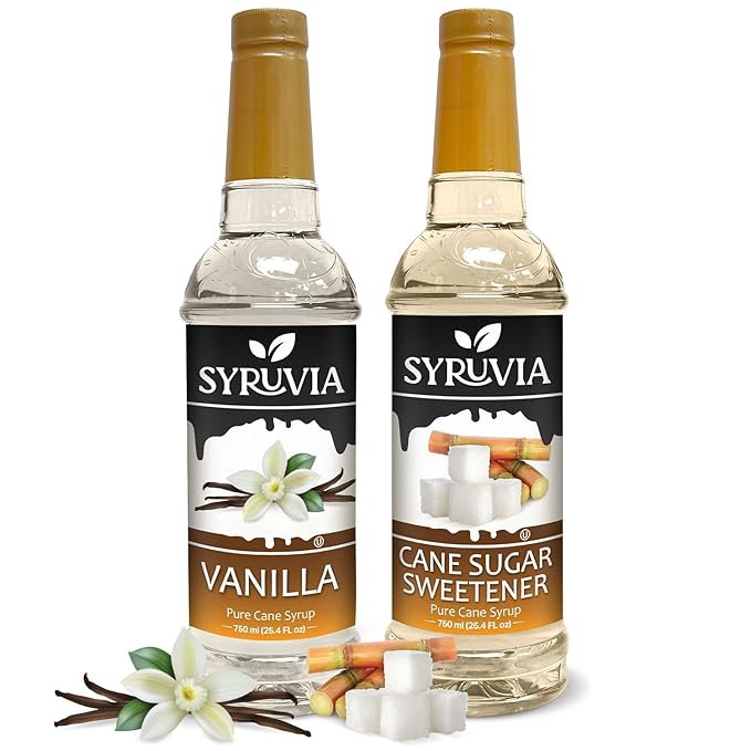 Syruvia Coffee Syrup Variety Pack - Vanilla & Cane Sugar Sweetener- Gluten-Free, Kosher, 25.4 fl oz Bottles - Enhance Your Coffee Experience with Premium Flavoring Syrups