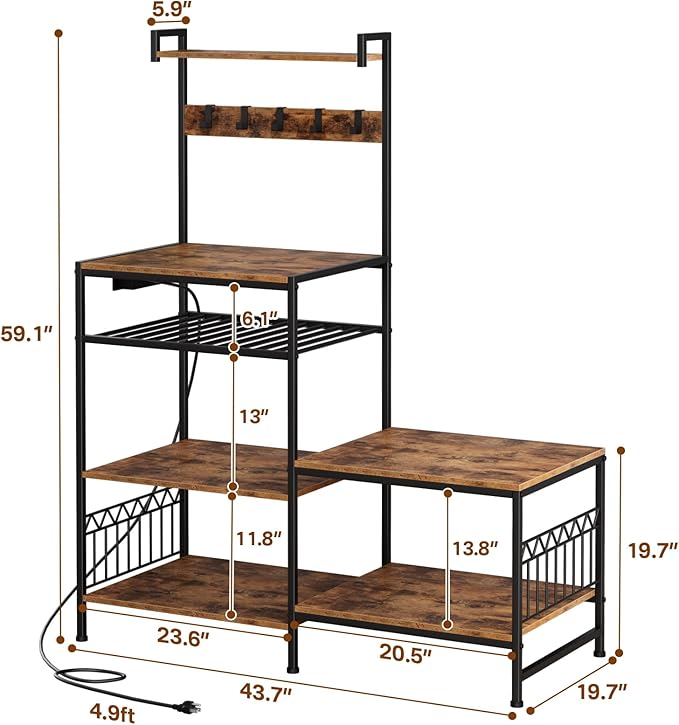Portin Kitchen Shelf Bakers Rack with Power Outlet, Mini Fridge and Microwave Stand Coffee Bar Table with S-Hooks, Storage Shelf Rack for Spices, Pots and Pans - Rustic Brown