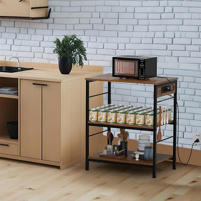 Bakers Rack with Power Outlet Kitchen Microwave Stand Cart 3 Tier Coffee Bar Table Kitchen Storage Shelf Rack with 10 S-Shaped Hooks for Living Room Dining Room Office Brown
