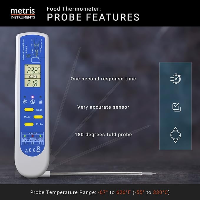 Metris Instruments Food Cooking Meat Thermometer Digital Infrared Instant Read with Probe for Kitchen, Outside Grill, BBQ Smoker, Model TCT303F-NSF NSF Approved