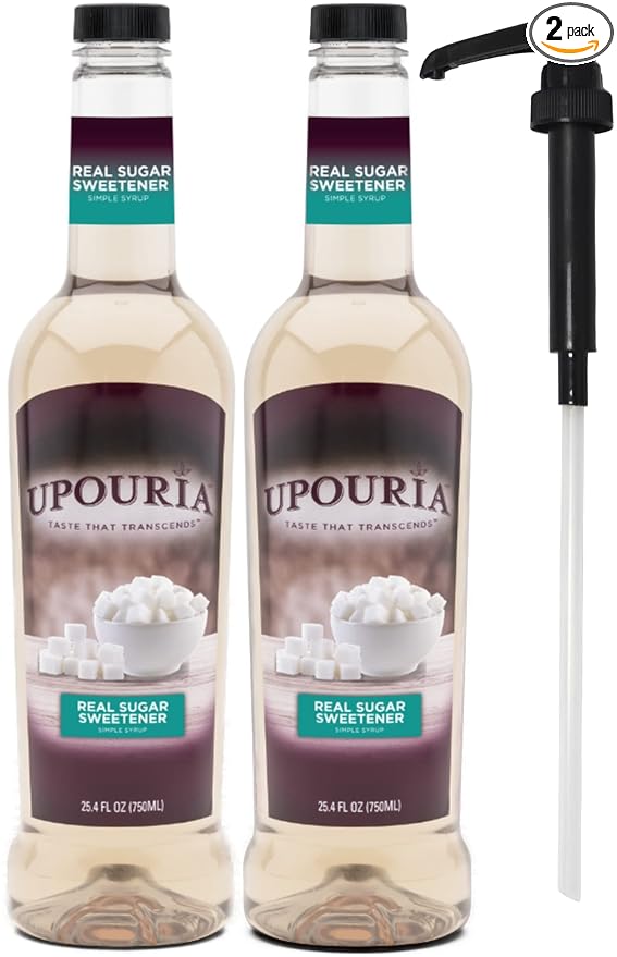 Upouria Real Sugar Sweetener Simple Syrup, 100% Vegan, Gluten-Free, 750ml bottle (Pack of 2) with 1 Syrup Pump