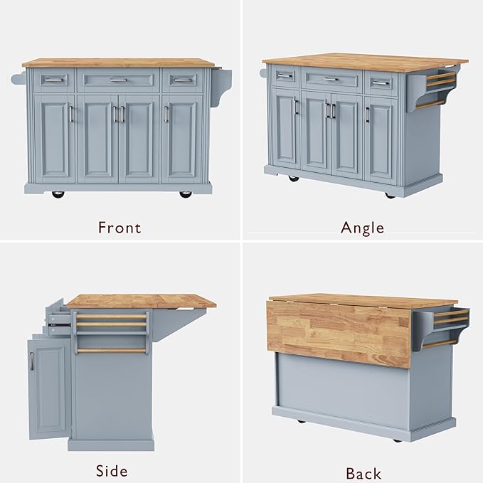 Yayzy Rolling Kitchen Island with Drop Leaf, 4 Cabinet Doors, 3 Drawers & Side Storage Racks, Mobile Kitchen Cart with Rubberwood Top & Locking Wheels for Dining Room & Kitchen, 54-Inch, Grey Blue