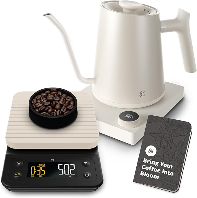 Greater Goods Electric Gooseneck Kettle and Coffee Scale, Designed in St. Louis, Birch White