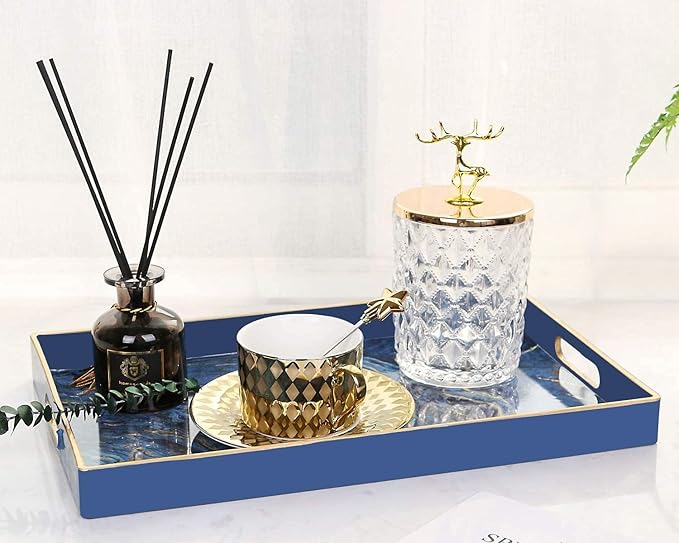 Zosenley Plastic Serving and Decorative Tray with Handles for Ottoman, Coffee Table, Bathroom Vanity, Blue Marble Rectangular Tray for Countertop and Kitchen, 15.6 x 10.2 Inches