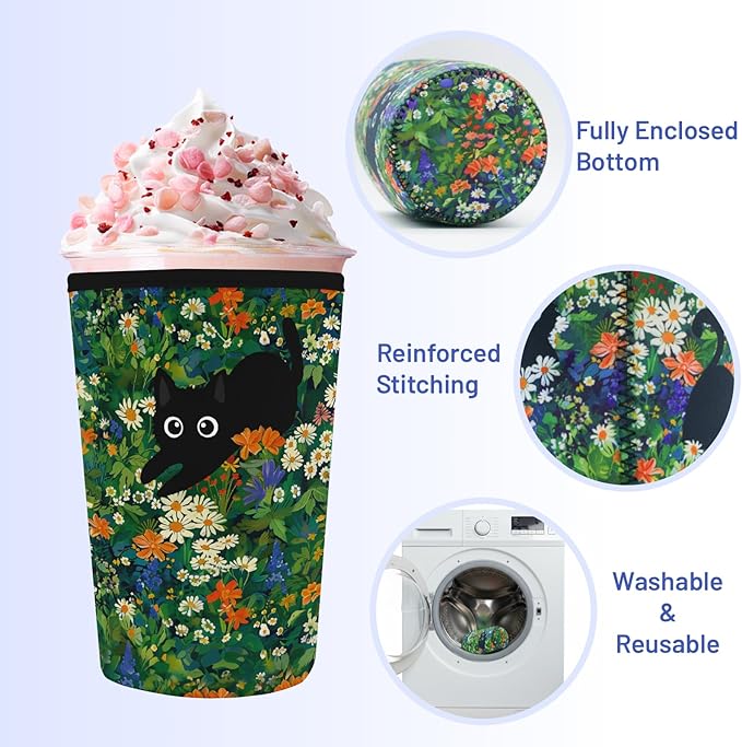 Iced Coffee Sleeve Reusable Cup Sleeves for Cold Drinks Neoprene Koozie Cozy Plastic Cup Covers for Drinks, Cat Garden
