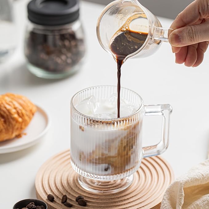 INSETLAN 6-Piece Ribbed Glass Coffee Mug Set, 10 oz Clear Glass Tea Cups with Handle, Modern Vertical Stripe Design for Everyday Drinks – Perfect for Coffee, Tea, Latte, Cappuccino, and More
