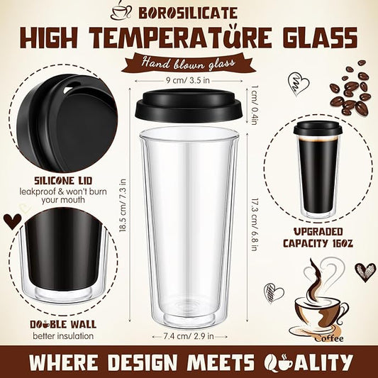 Honeydak 2 Pack 16 oz Double Walled Glass Coffee Mugs with Silicone Lids Clear Insulated Glass Travel Cups Reusable Hot and Iced Coffee Tumblers for Travel Home Office