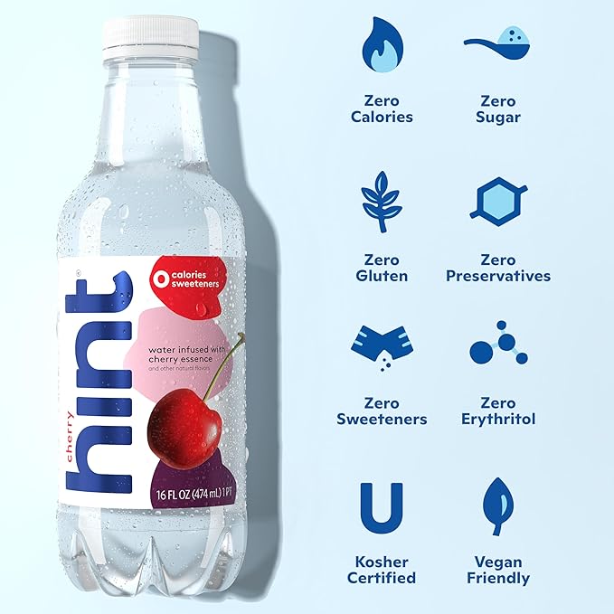 Hint Flavored Bottled Water, Cherry - Purified Water Beverages with Zero Calories, Natural Flavors, and Sugar Free - 16 Fl Oz (Pack of 12)