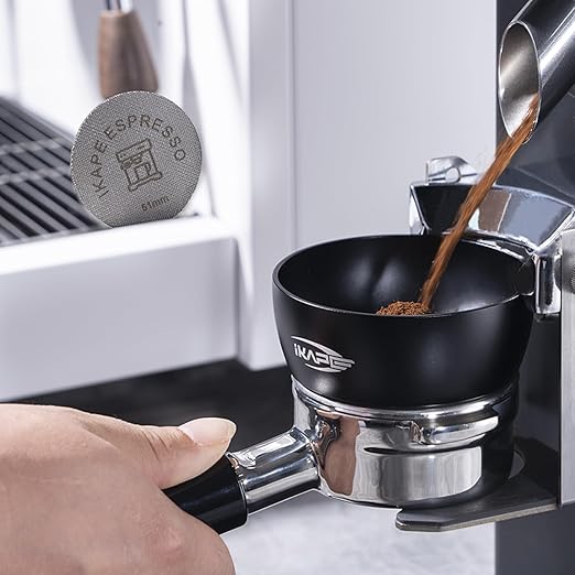 IKAPE Magnetic Dosing Funnel Set, 51MM Espresso Dosing Ring & Puck Screen Kit Compatible with 51 mm Bottomless Portafilter - with 10 Small Magnet (Black)