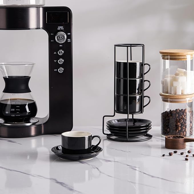 Meichu 2.5oz Porcelain Stackable Espresso Cups with Saucers and Metal Stand Set of 4, Stackable Espresso Cups Set of 4, Black Expresso Shots Cup Set for Cappuccino, Coffee Drinks, Latte, Tea