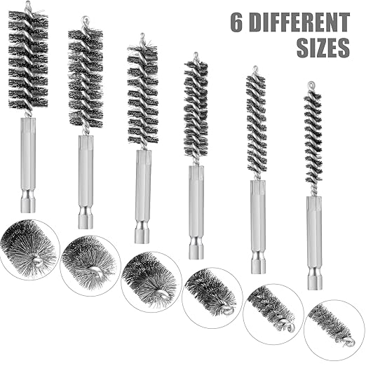 Patelai 6 Pcs Stainless Steel Wire Bore Brush Different Size Twisted Cleaning Brush with Handle 1/4 Inch Hex Shank for Power Drill Impact Driver (9/ 11/ 13/ 16/ 18/ 19 mm)