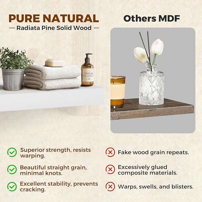 Floating Wall Shelves 30x6.8x1.7 Inch – Solid Wood Rustic Shelves in White Finish – Wall Mounted Heavy Duty Display Shelf for Kitchen, Bedroom, Living Room – Set of 2