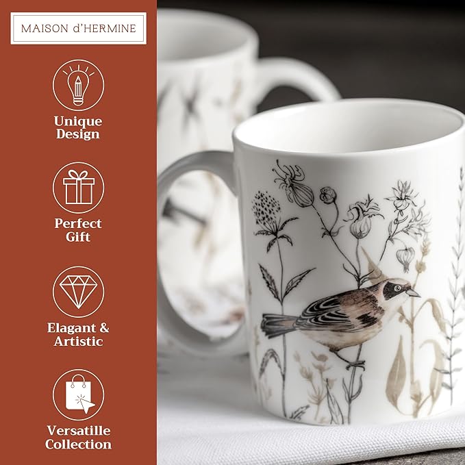 Maison d' Hermine Coffee Mug with Handles Fine Bone China Mugs Pack of Two Tea Cups for Hot Beverages Cappuccino Latte Home Restaurant Office Perfect for Gift (Meadow Florals - Brown, 12 Ounce)