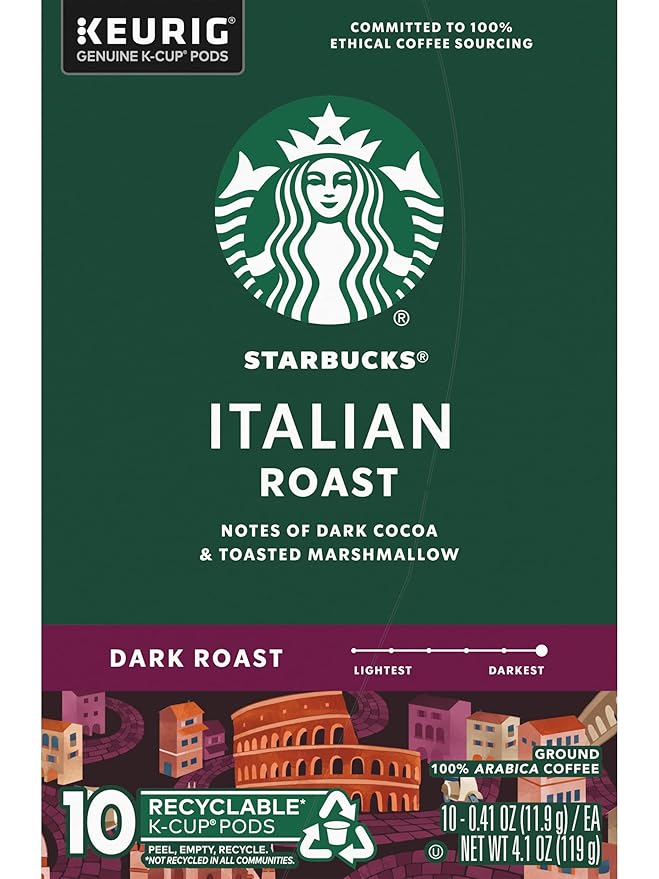 Starbucks Coffee K-Cup Pods, Italian Roast Coffee, Dark Roast, 100% Ground Arabica Coffee, Keurig Genuine K-Cup Pods, 10 CT K-Cups Per Box (Pack of 2 Boxes)