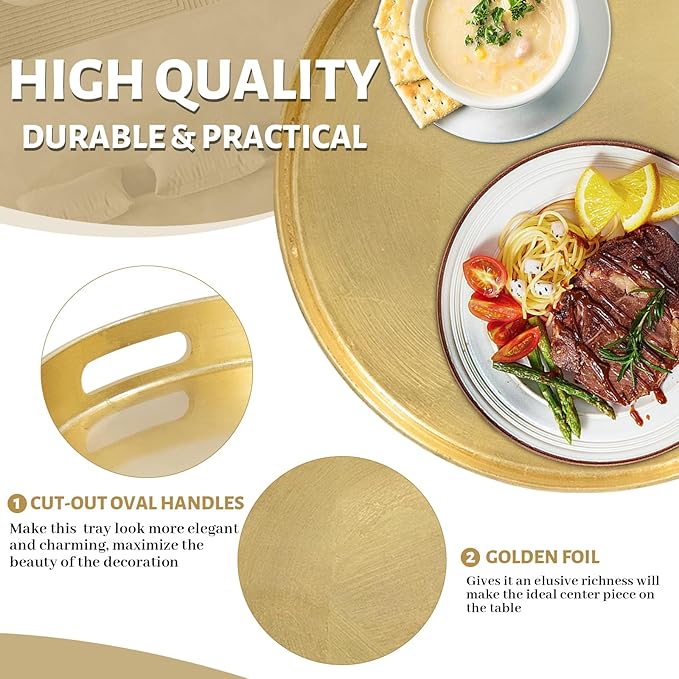 MAONAME 13" Gold Round Decorative Tray for Coffee Table, Modern Serving Tray with Handles, Foil Ottoman Trays, Bathroom Decor