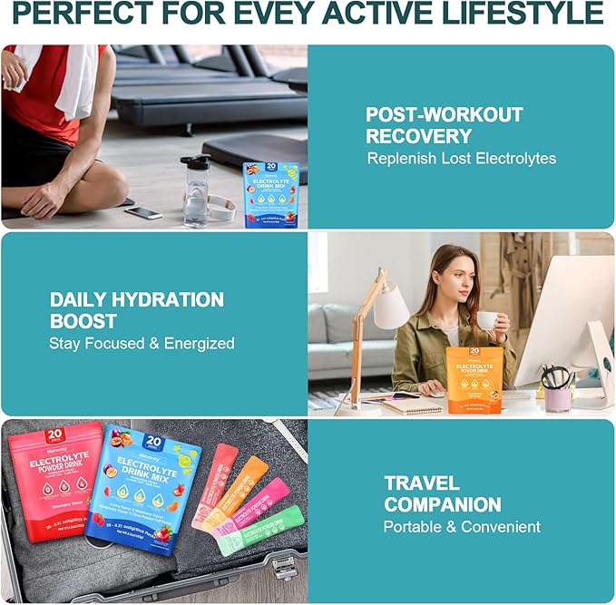 Electrolyte Powder Packets, Hydration Packets 20 Stick, Sugar Free Electrolytes for Rapid Recovery, Instant Electrolyte Powder Drink Mix with Yerba Mate Extract