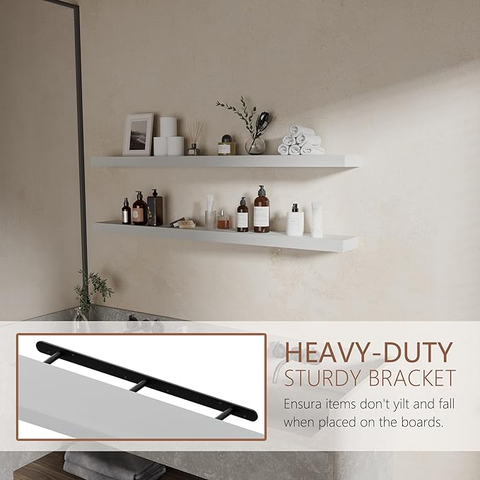 48 inch Long Floating Shelves for Wall,Solid Wood Long Shelves Set of 2,Rustic Wall Mounted Shelves with Invisible Brackets for Decor & Storage (White, 48 Inch)
