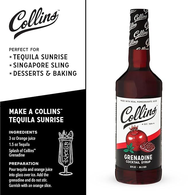 Collins Grenadine Syrup, Real Pomegranate Juice and Sugar, Craft Cocktail Syrup, Drink Mixers, 32 oz