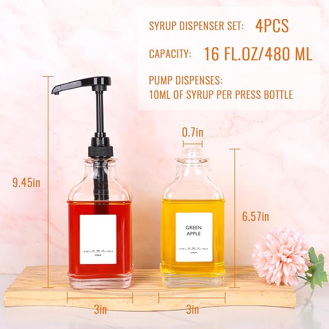 SZUAH 16oz Coffee Syrup Dispenser with Pumps 4pack(480ml), Leak-Proof Syrup Dispensers for Coffee Bar, Kitchen and Commercial Use with Stickers
