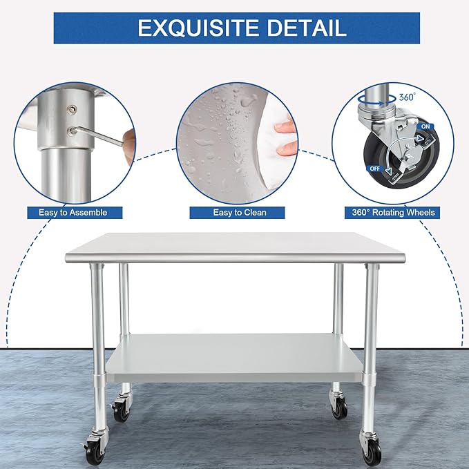 HARDURA Stainless Steel Table with Wheels 30 x 36 Inches Casters NSF Heavy Duty Commercial Prep Table with Undershelf and Galvanized Legs for Food Prep