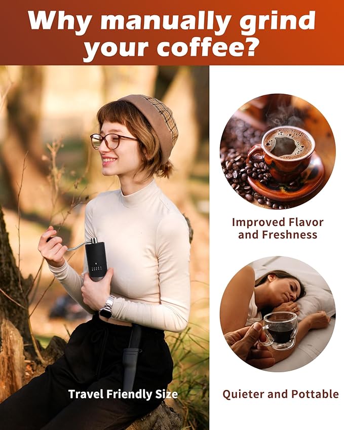 Stainless Steel Burr Manual Coffee Grinder For Drip,French Press,5 Adjustable Settings,Hand Maker with Built-In Burr,For Home Use and Camping (Stainless Steel burr-Black)