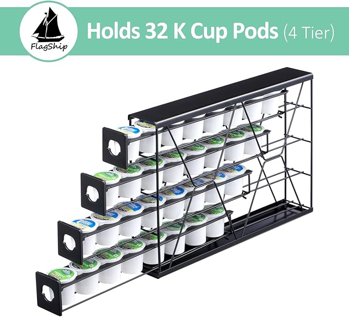 Flagship K Cup Holder for Keurig Pods Coffee Pod Storage 4 Tier K Cup Drawer Organizer for Counter (32 Pods Capacity)