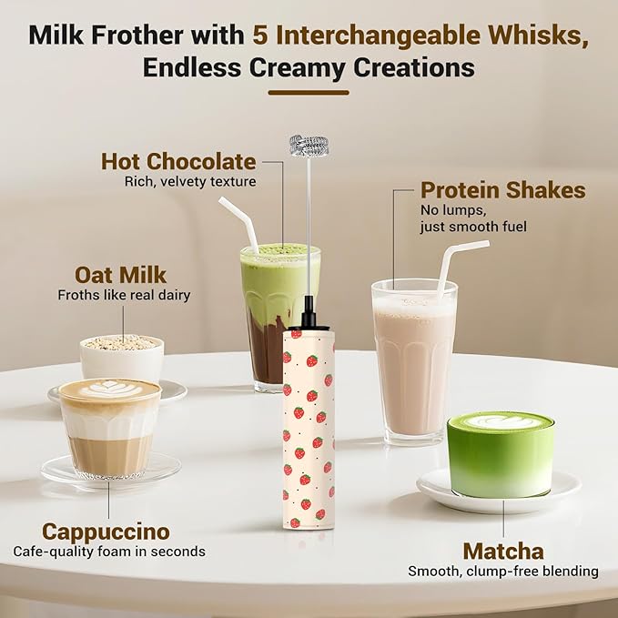 Milk Frother Handheld Rechargeable - 2-Speed Electric Whisk with 5 Detachable Heads (Frother/Mixer/Whisk) for Coffee, Latte, Cappuccino & Matcha, Drink Mixer (Flower 6)