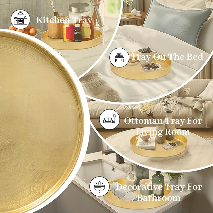 MAONAME 13" Gold Round Decorative Tray for Coffee Table, Modern Serving Tray with Handles, Foil Ottoman Trays, Bathroom Decor