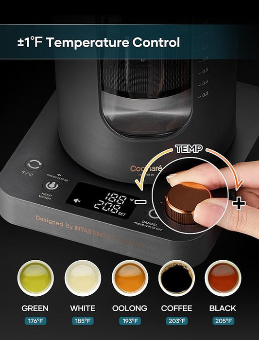Electric Tea Kettle, Electric Kettle with Tea Infuser, ±1℉ Knob Temperature Control, BPA-Free Glass, 1200W Fast Heating, Easy to Clean, 1 Liter (Dark Gray)