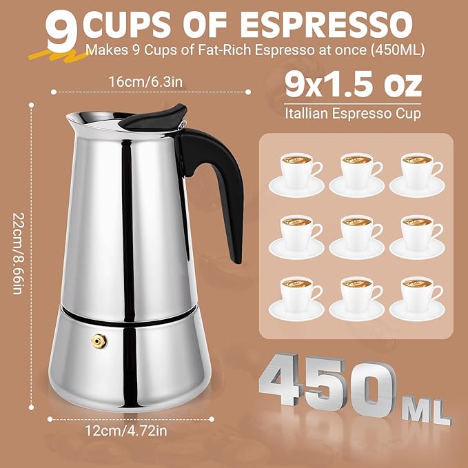 Suiitat Moka Pot, 9 Cups (15.9 oz) Stovetop Espresso Maker, 304 Stainless Steel Moka Pot, Induction Compatible, Silver