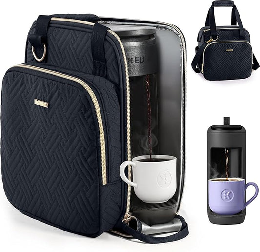 BAGSPRITE Coffee Maker Travel Bag Compatible with Keurig K-Mini Mate, Full Open Carrying Case with Quilted Padded Soft Microfiber, K--Cup Single Serve Coffee Maker Bag with Pod Organizer, Mug Pockets