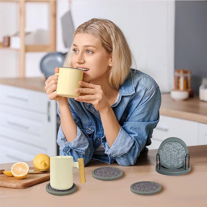 Set of 6 Non-Slip Silicone Coasters with Holder, Double-Sided Absorbent for Hot/Cold Drinks, Scratch & Water Ring Protection for Wood Tables, Home Office Bar, Black Gold Marble (Grey)