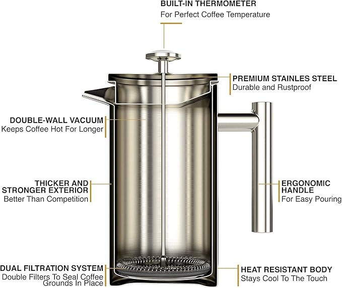 Barista Warrior French Press with Thermometer - Insulated Coffee Press - Stainless Steel Coffee Maker (1.0L | 34 fl oz) (Black)