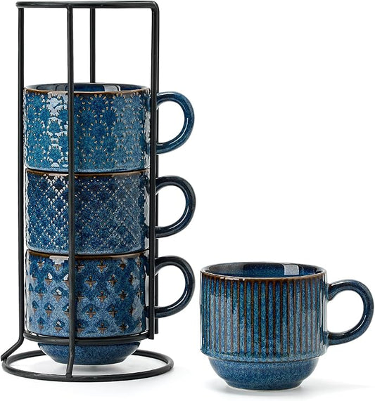 JH JIEMEI HOME Large Ceramic Coffee Mug Set of 4 with Stand, 15 Oz Stackable Different Embossment Ribbed Latte Cup Set for Cappuccino, Tea, Hot Cocoa, Drinks - Dishwasher & Microwave Safe, Blue