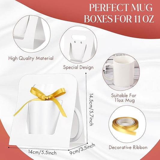 24 Pack Mug Boxes for Gifts 11 oz Coffee Mug Gift Boxes with 1 Roll Ribbon Sublimation Cups Packaging Bags for Sublimation Coffee Cups Blanks Wrapping(White)
