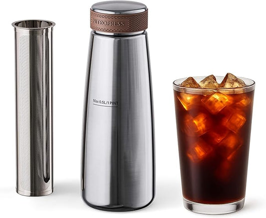 NitroPress Cold Brew Coffee Maker – Stainless Steel Home Brew Kit for Coffee and Tea with 200 Micron Filter Basket and Storage Cap - Perfect for Cold Brew at Home