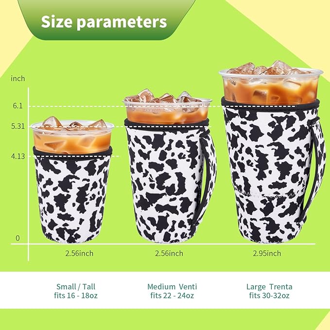 3 Pack Iced Coffee sleeve Insulated Neoprene Cup Sleeves with handle For Cold Drinks Beverages, Reusable Cup Holder for 16oz-32oz Coffee Cups (Cow Print)