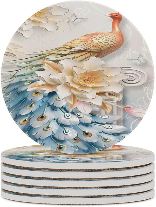 Round-6PCS Peacock Ceramic Coasters, Round Absorbent Drink Coasters, Vintage Country Flower Beautiful Peacock Floral Ceramic Table Coasters for Coffee, Beverage, Wine, Beer Coasters