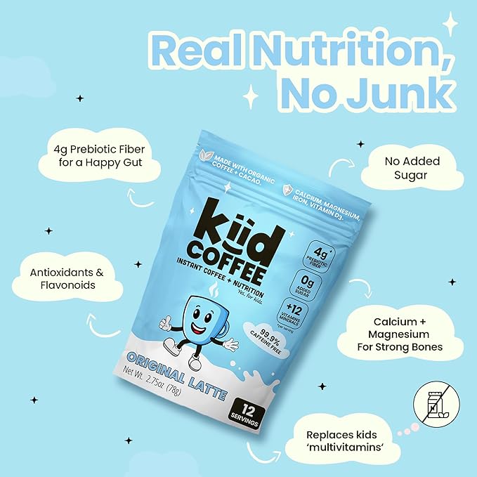 Kiid Coffee - 99.9% Caffeine-Free Organic Coffee for Kids - As Seen on Shark Tank - 12 Vitamins & Minerals, 4g Prebiotics, 0g Sugar - Non-GMO & Gluten-Free - Healthy Snack - Original - 12 Servings