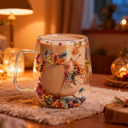 Double Wall Glass Coffee Mug, Clear Flower Tea Cup with Handle, Insulated Glass for Hot and Cold Drinks, Heat Resistant Glass Cup for Latte Cappuccino Espresso 350ml