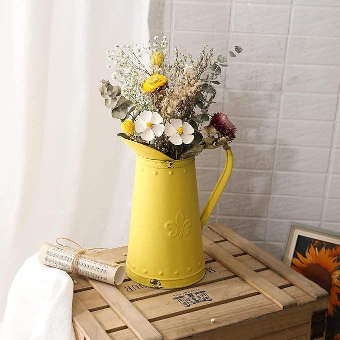 APSOONSELL French Style Shabby Chic Vase Metal Flower Vase Vintage Jug Rustic Farmhouse Decor for Home, Yellow