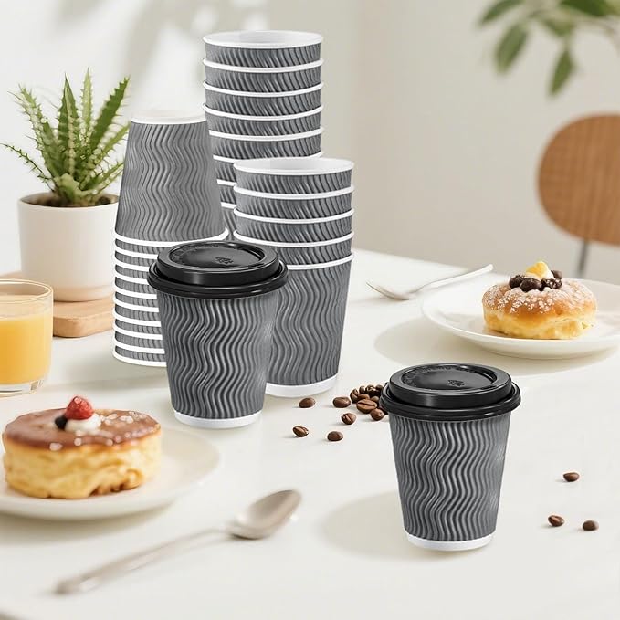 Clawsoff 100 Pack 8 oz Disposable Coffee Cups with Lids, Insulated Ripple Wall To-Go Paper Coffee Cups Suitable for Chocolate Cocoa and Hot/Cold Drinks (Grey)