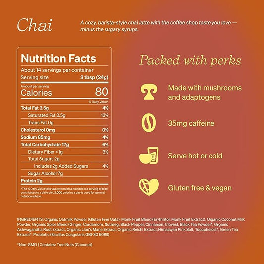 Clevr Chai Tea Latte, Instant Superfood Powder Blend with Oat Milk, Lion’s Mane, Reishi Mushroom, Black Tea, Organic Spices, Coconut Cream, Ashwagandha, Oprah’s Favorite Things 2022 (14 Lattes)