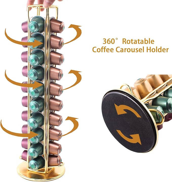 SEVENLINE Coffee Pod Holder Stand Compatible With Nespresso Original Pods Carousel Storage Rack Capsules Organizer For 40 Capsules (Gold)