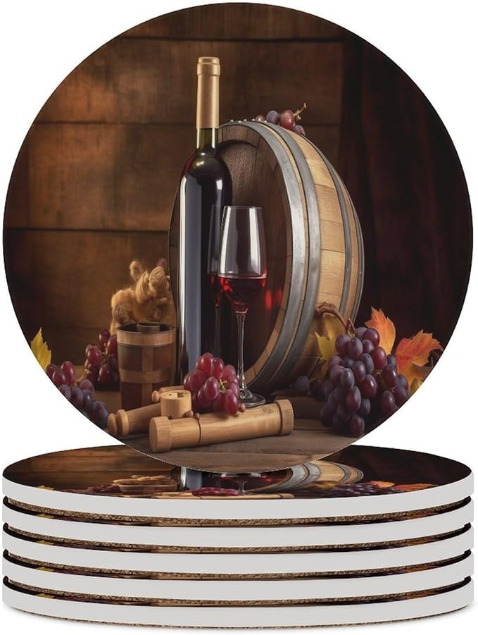Round-6PCS Red Wine Drink Coasters, Round Modern Ceramic Absorbent Coasters, Vintage Wood Grain Style Red Wine Grapes Maple Leaf Decor Desk Coffee Table Coaster for Beverage Cup Tea Coasters