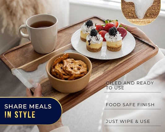 Comfify Visually Stunning Pearl White Resin + Acacia Wood Serving Tray - Modern 12x16 Serving Tray for Food, Breakfast in Bed, Coffee Table, Decor, Organization, Snacks, Patio, Lap Tray