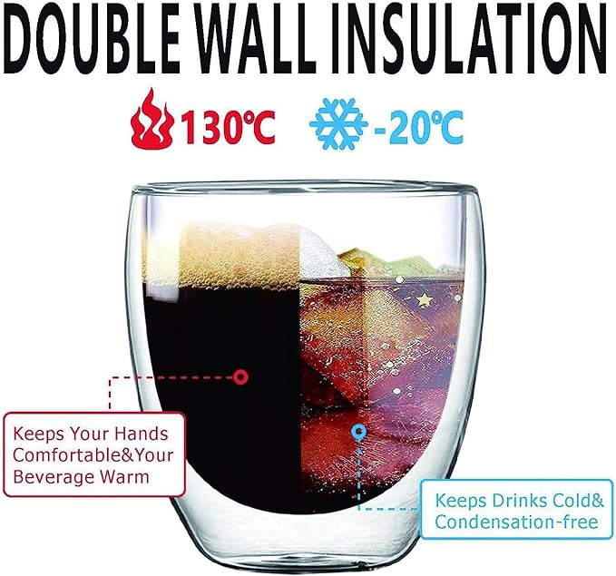 5.5oz Glass Coffee Mugs Set of 2, Double Walled Espresso Cups for Latte Cappuccino Cocoa Milk Cafe Juice, Clear Glass Tea Cup Set Glassware Gift for Christmas Birthday (12oz-4Pack)