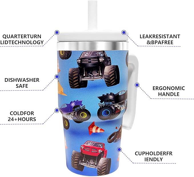 2PCS 20-OZ Insulated Water Bottle,Insulated Stainless Steel Tumbler,Reusable Cold Drink Thermos,BPA-Free, Double-Wall Stainless Steel Water Bottle (Light blue-Monster trucks, 20, Fluid Ounces)