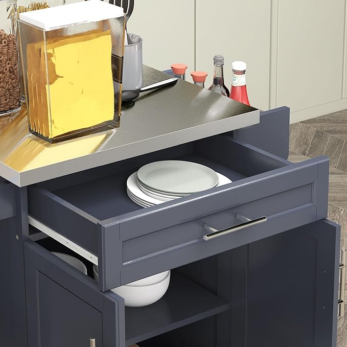 HOMCOM Kitchen Island on Wheels, Rolling Kitchen Cart with Stainless Steel Countertop, Drawer, Towel Rack and Spice Rack, Utility Storage Trolley, Deep Blue